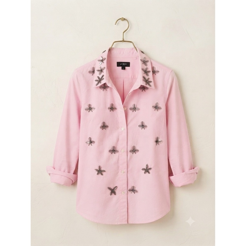 J.Crew Button Down Shirt Women 4 Pink Embellished Floral Sequin Bead Blouse